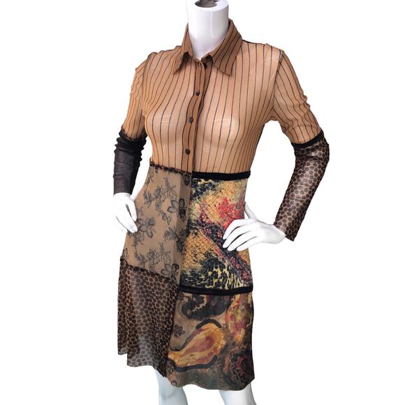Fuzzi JPG Women Size M Shirt Dress Sheer Multimedia Colorblock Long Sleeve Brown